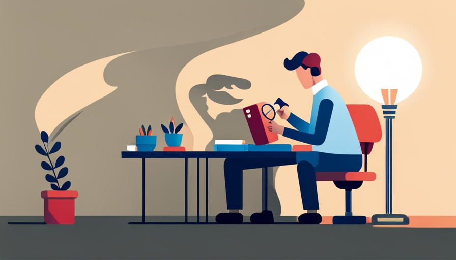 An image of a person holding a magnifying glass, examining a small book with a pencil and notebook nearby