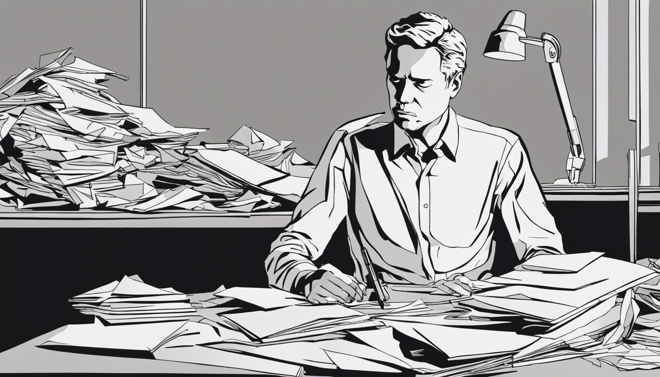 An image of a person sitting at a desk, surrounded by crumpled pieces of paper and a pen