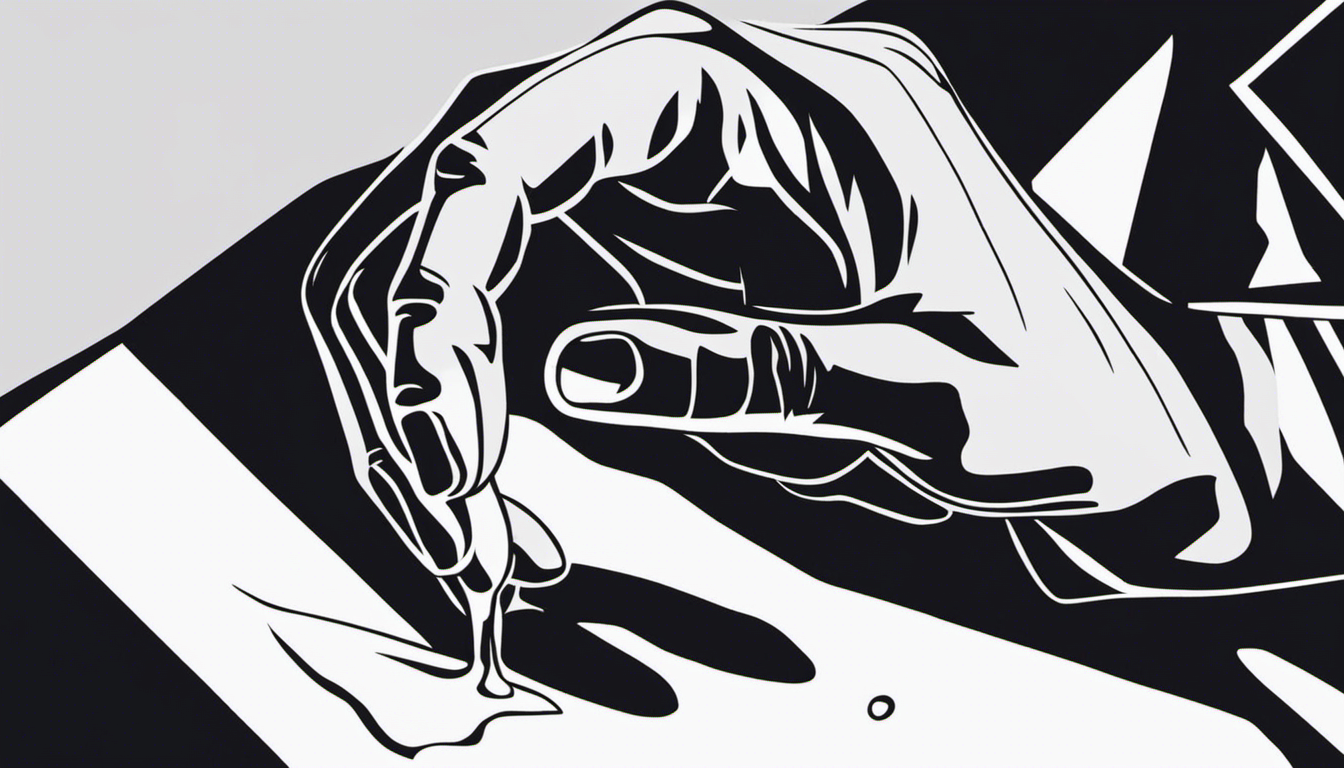 An image of a person's hand gripping a piece of paper with tears and crumpled edges, while a shadowy figure looms in the background