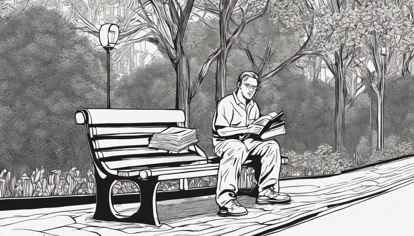 An image of a person sitting on a bench, holding a book of short stories